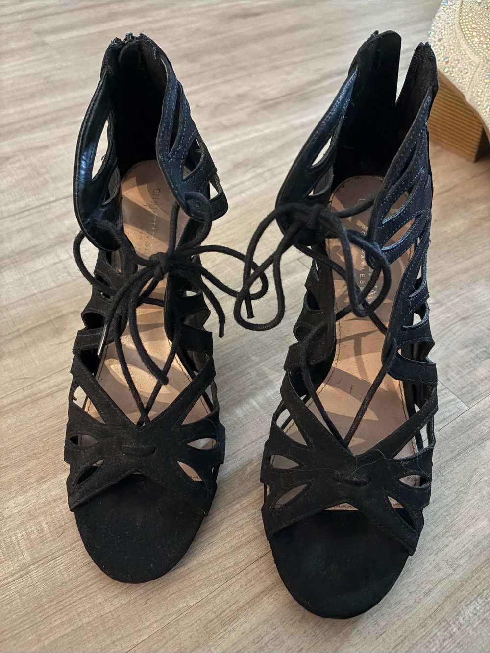 Christian Siriano Black Cutout Lace-Up Heeled Sandals
